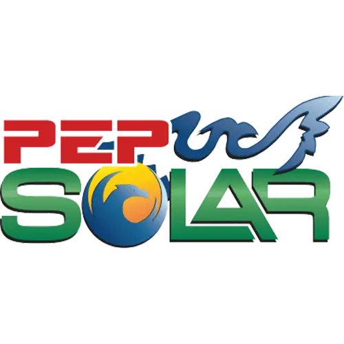 PEP Solar logo the pep is red with blue phoenix bird floating over along with the words pep over the word solar in green and the o in solar is the phoenix bird in reverse of city of phoenix logo