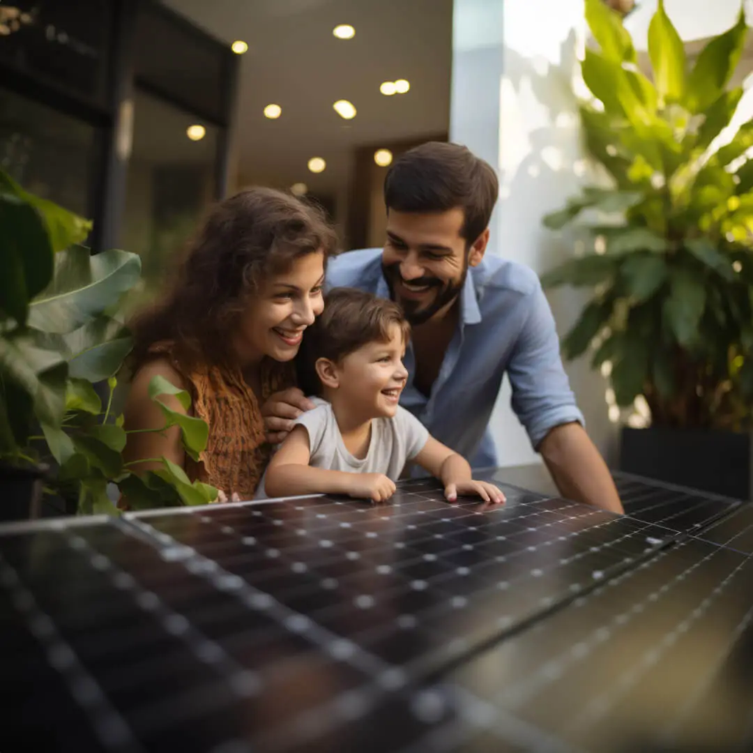 A family observing a solar panel with a child, exploring sustainable energy options.