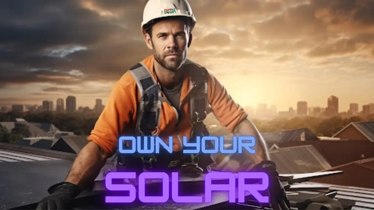 pep solar installer wearing hard hat, fall protection, gloves, hands on solar panel while on the roof with one side of sky ominous behind him and the other side sunny sky