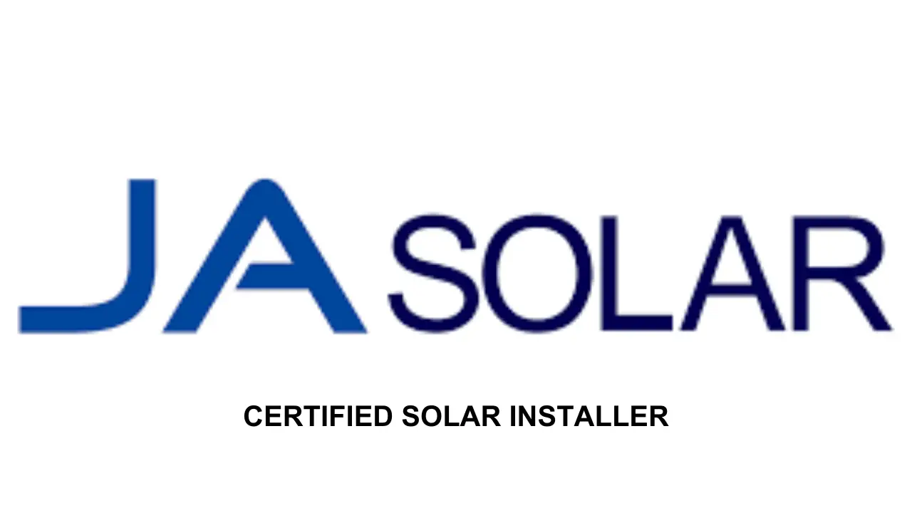ja solar in blue with certified solar installer in black under the logo