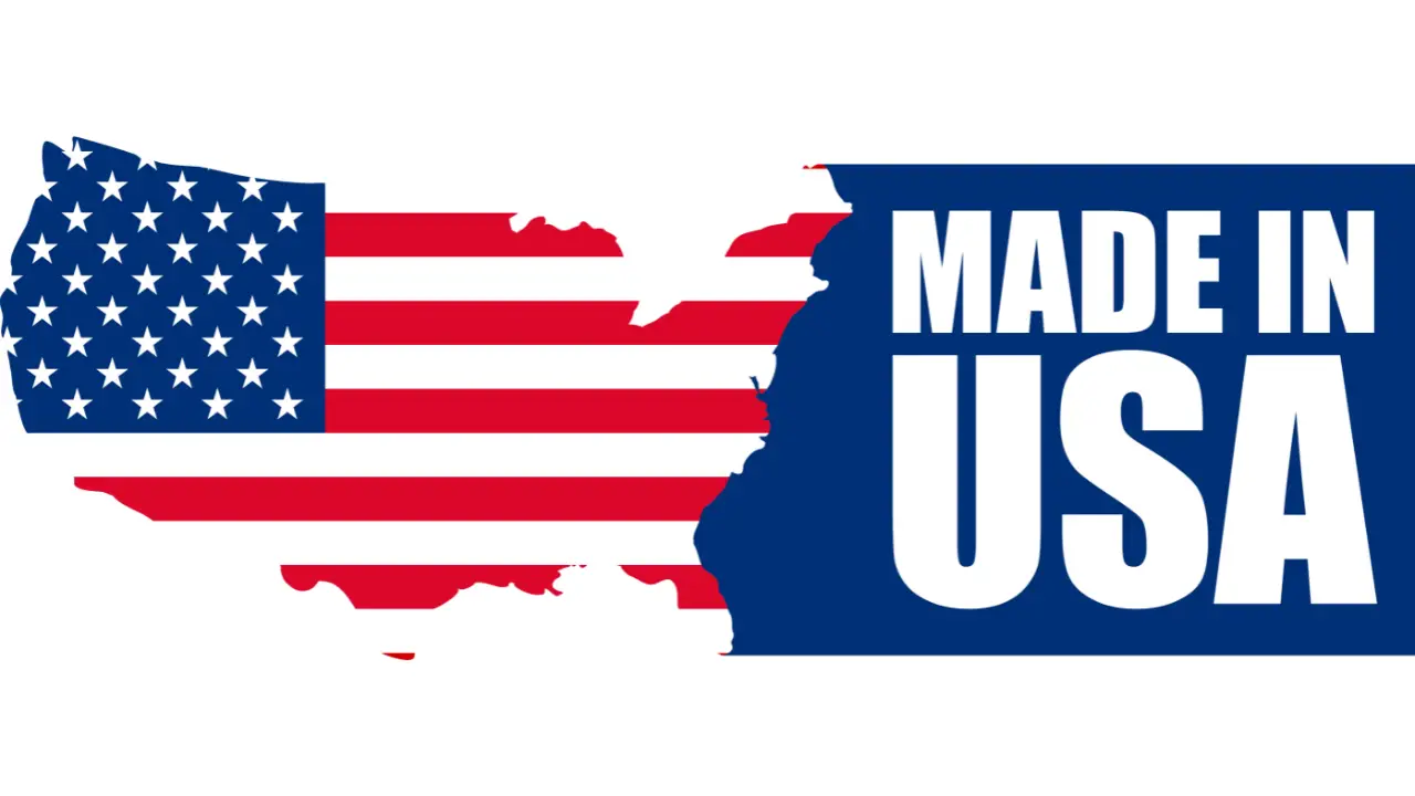 made in usa bolded in dark blue with american flag shaped like the united states