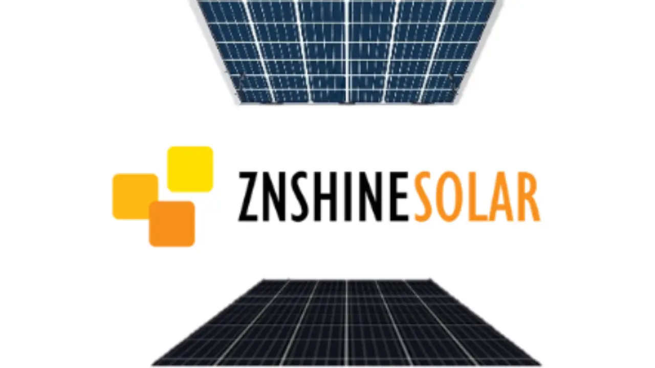 znshine solar logo black yellow orange with solar panels projecting out at top and bottom of the logo